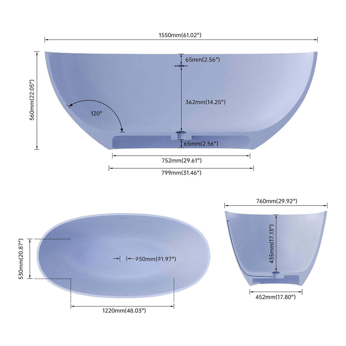 Nuvia Freestanding Modern Oval Stone Resin Soaking Tub With Overflow Drain (61X29.5-Inch)