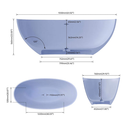 Nuvia Freestanding Modern Oval Stone Resin Soaking Tub With Overflow Drain (61X29.5-Inch)