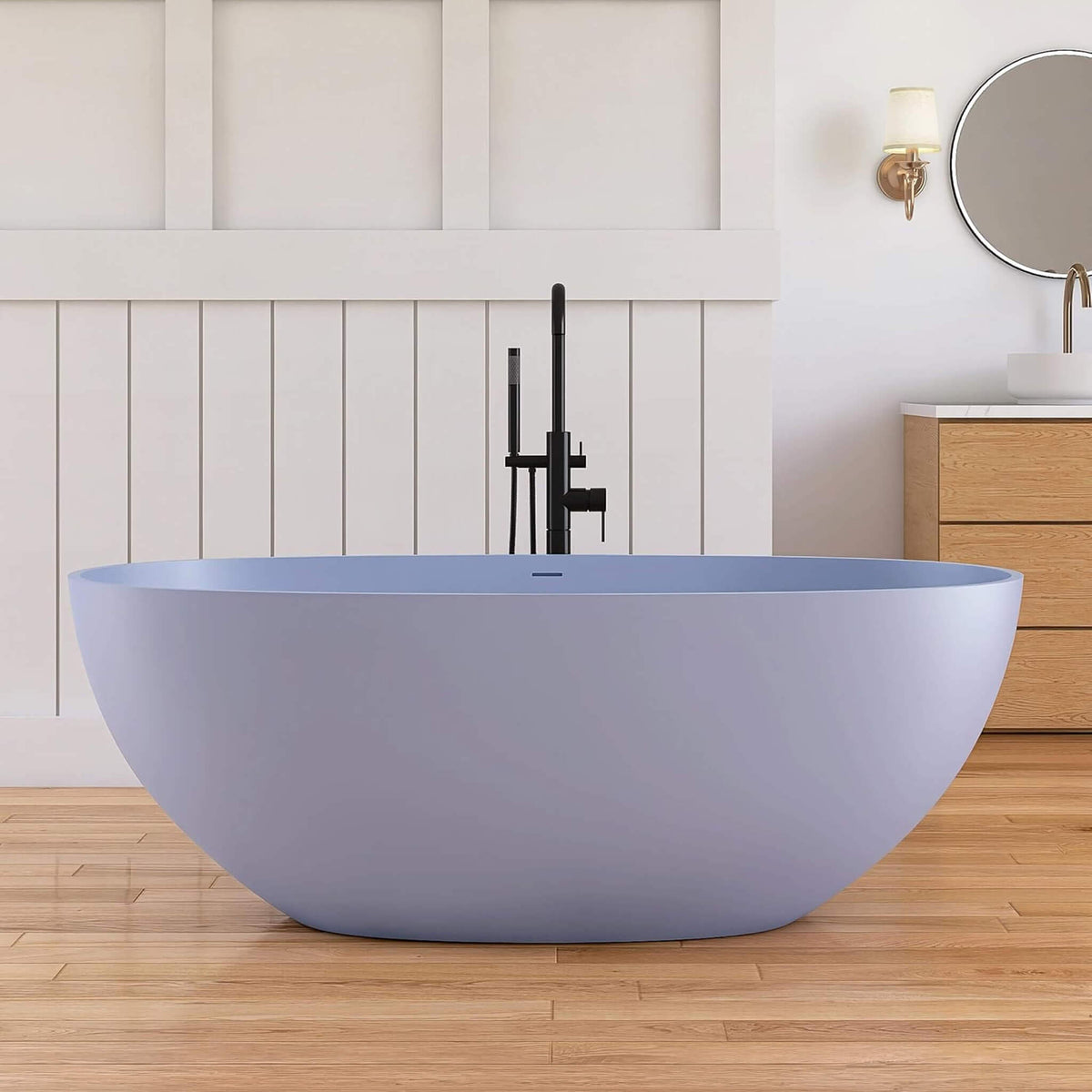 Nuvia Freestanding Modern Oval Stone Resin Soaking Tub With Overflow Drain (61X29.5-Inch)