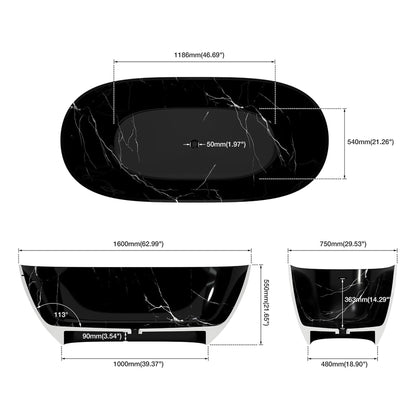 Nuvia Freestanding Modern Marble-Design Solid Surface Soaking Tub With Overflow (63X29.5-Inch)