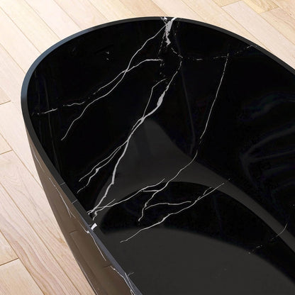 Nuvia Freestanding Modern Marble-Design Solid Surface Soaking Tub With Overflow (63X29.5-Inch)
