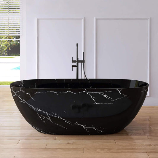Nuvia Freestanding Modern Marble-Design Solid Surface Soaking Tub With Overflow (63X29.5-Inch)