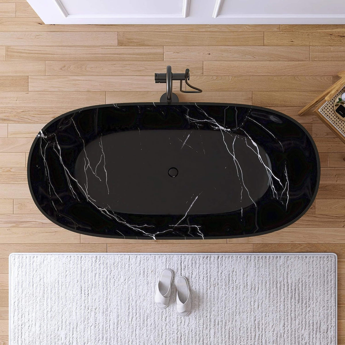 Nuvia Freestanding Modern Marble-Design Solid Surface Soaking Tub With Overflow (63X29.5-Inch)
