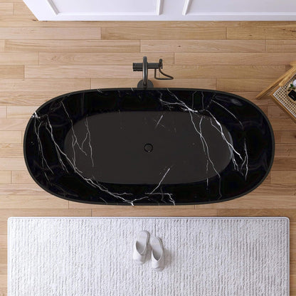 Nuvia Freestanding Modern Marble-Design Solid Surface Soaking Tub With Overflow (63X29.5-Inch)