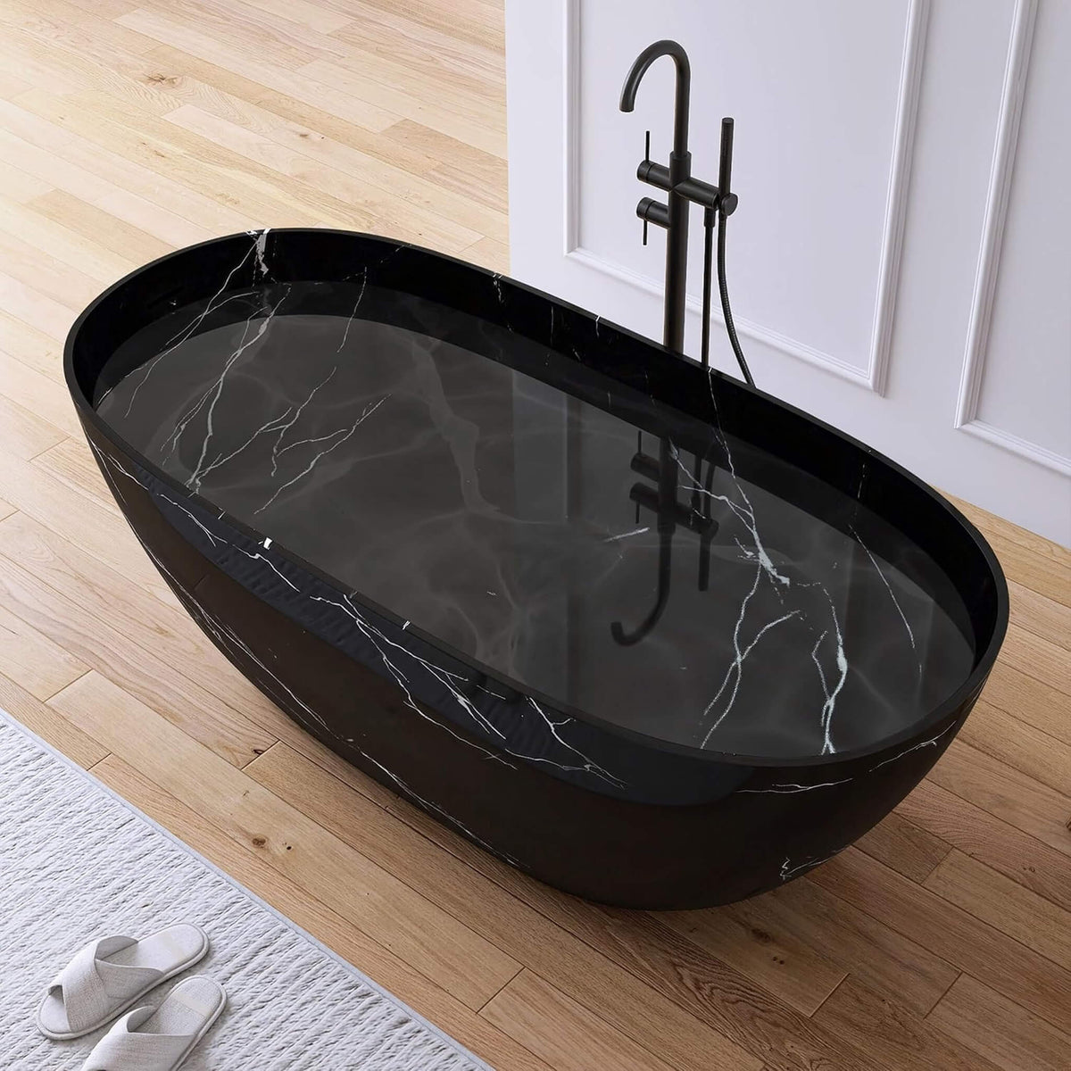 Nuvia Freestanding Modern Marble-Design Solid Surface Soaking Tub With Overflow (63X29.5-Inch)