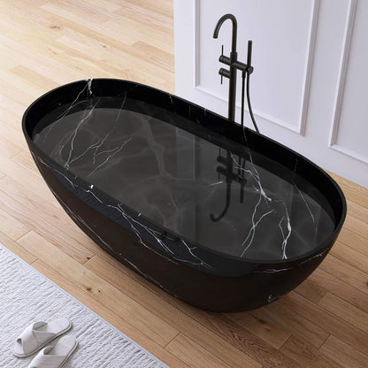 Nuvia Freestanding Modern Marble-Design Solid Surface Soaking Tub With Overflow (63X29.5-Inch)