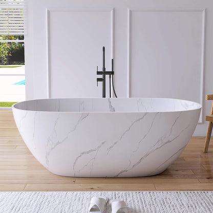 Nuvia Freestanding Modern Marble-Design Solid Surface Soaking Tub With Overflow (63X29.5-Inch)