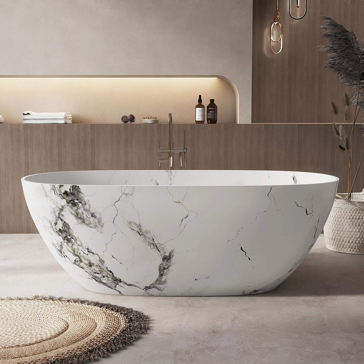Nuvia Freestanding Modern Marble-Design Solid Surface Soaking Tub With Overflow (63X29.5-Inch)