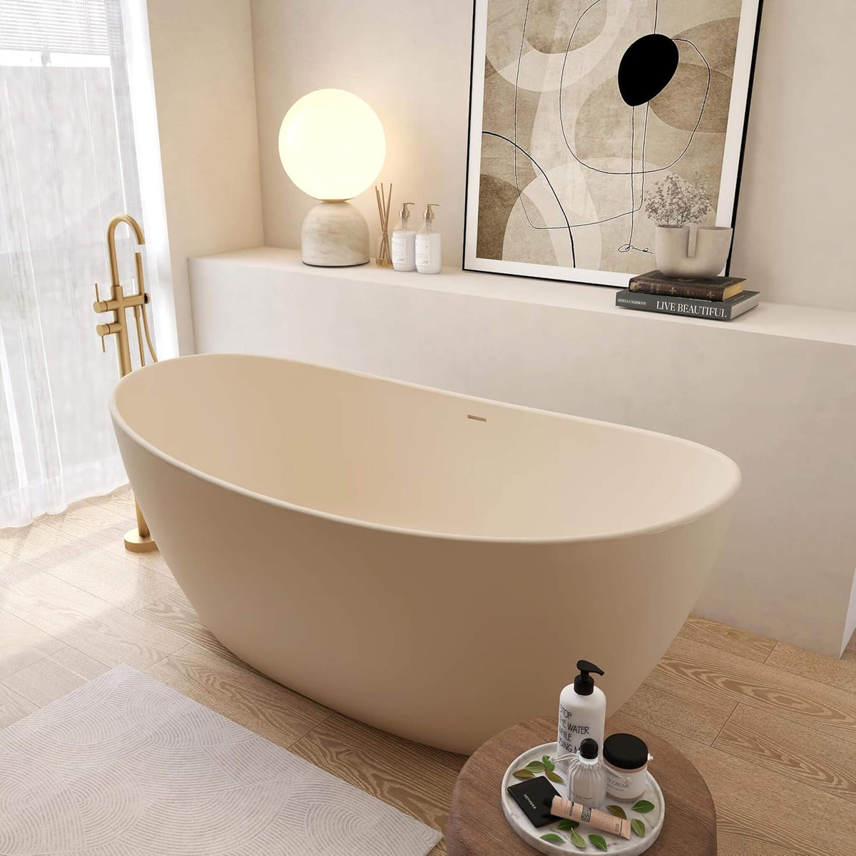 Nuvia Freestanding Modern Oval Stone Resin Soaking Tub With Overflow Drain (65X33.5-Inch)