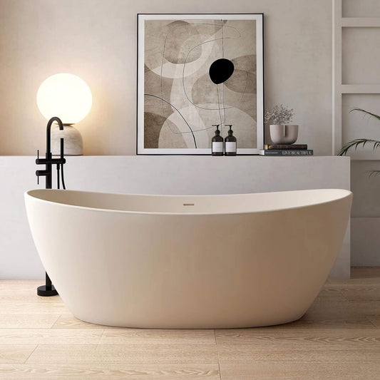 Nuvia Freestanding Modern Oval Stone Resin Soaking Tub With Overflow Drain (65X33.5-Inch)